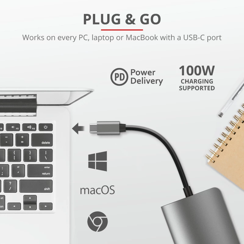 Trust Dalyx 23775 7-in-1 USB-C-multiportadapter, USB-C 3.2, HDMI, RJ-45 Gigabit Ethernet, SD/microSD-kaartlezer, zilver