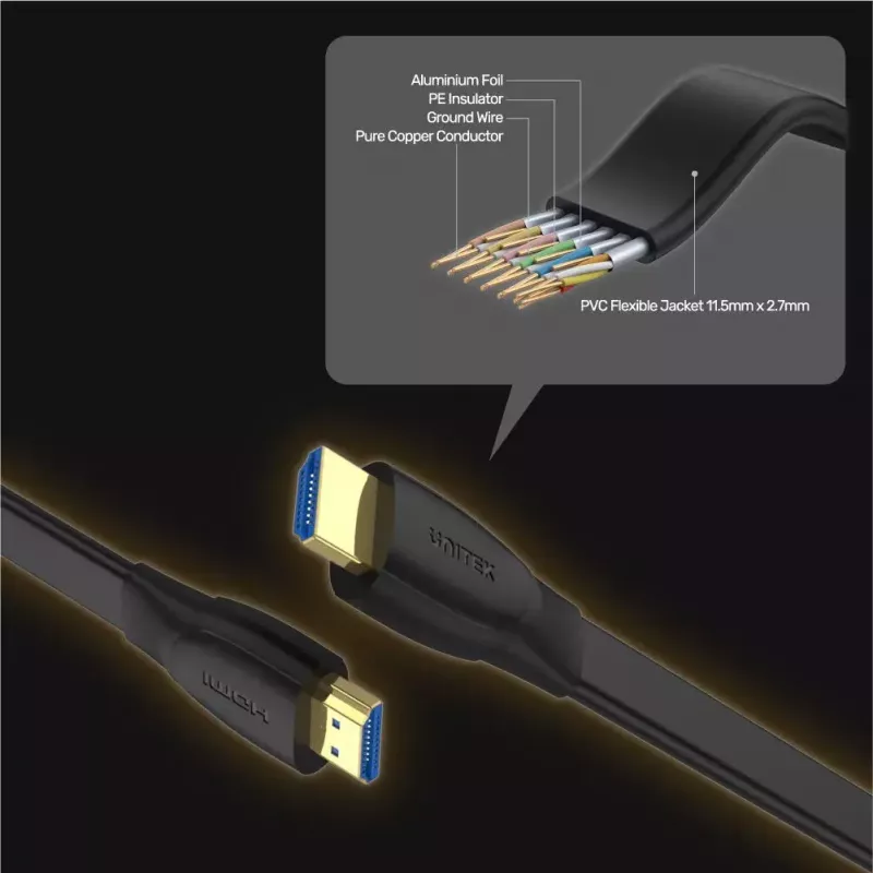HDMI-kabel Unitek C11063BK-2M 2 m, HDMI 2.0, 18 Gbit/s, 4K@60Hz, ARC, plat zwart