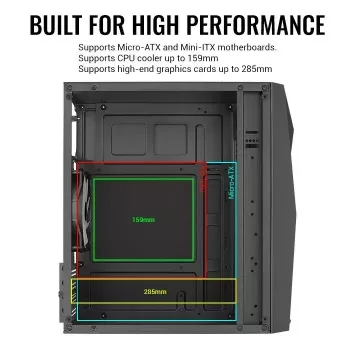 PC-behuizing AEROCOOL Raider Mini G V3 Mini-ITX / microATX, zwart, zijvenster, groene LED, max. GPU 285 mm, CPU-koeler 159 mm