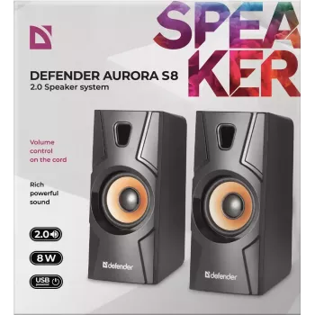 Bekabelde desktopluidspreker DEFENDER Aurora S8 — 2.0, 8 W RMS, USB-voeding, 3,5 mm, zwart