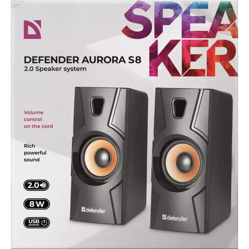 Bekabelde desktopluidspreker DEFENDER Aurora S8 — 2.0, 8 W RMS, USB-voeding, 3,5 mm, zwart