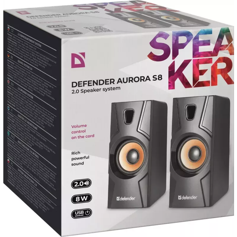Bekabelde desktopluidspreker DEFENDER Aurora S8 — 2.0, 8 W RMS, USB-voeding, 3,5 mm, zwart
