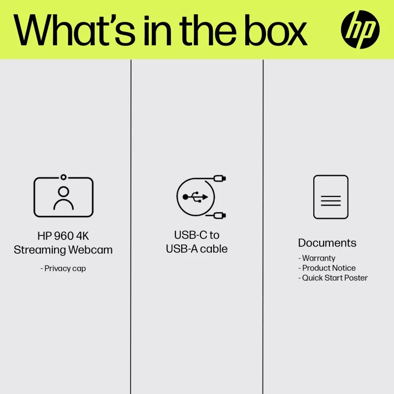 HP 960 4K streaming-webcam, 8 MP, 3840 x 2160 pixels, 4K Ultra HD, 30 fps, 5x, thuis