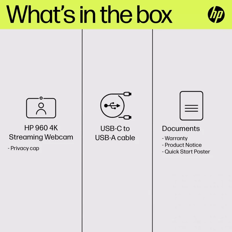 HP 960 4K streaming-webcam, 8 MP, 3840 x 2160 pixels, 4K Ultra HD, 30 fps, 5x, thuis