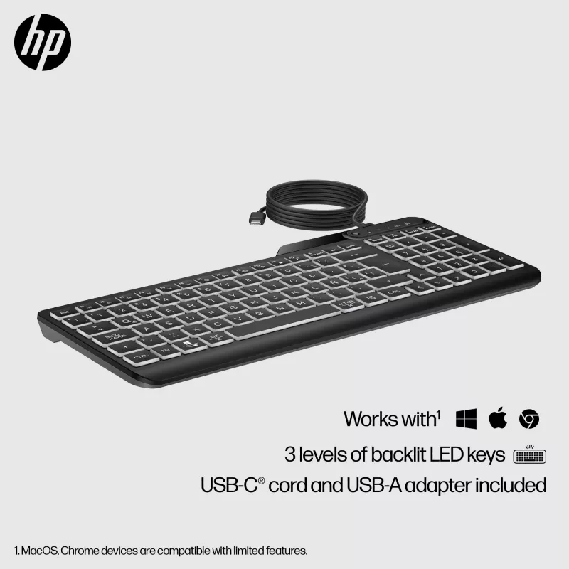 HP 400 verlicht bekabeld toetsenbord, volledig formaat (100%), kabel, USB, mechanisch, QWERTY, zwart