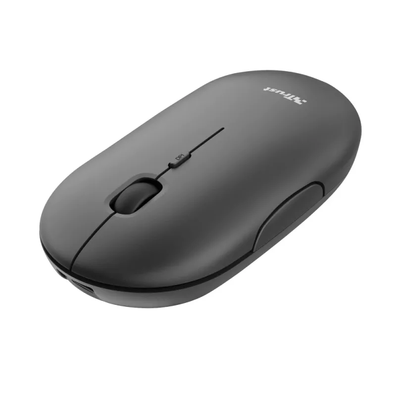 Trust Puck oplaadbare draadloze ultraplatte muis, dubbelhandig, optisch, RF draadloos + Bluetooth, 1600 DPI, zwart