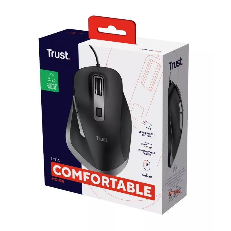 Trust Fyda bedrade muis, rechtshandig, optisch, USB Type-A, 5000 dpi, zwart
