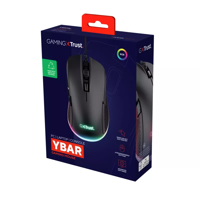 Trust GXT 922 YBAR gaming-muis voor rechtshandigen, USB Type-A, optisch, 7200 DPI