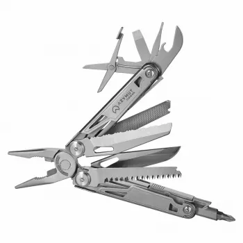 Multitool AZYMUT H2038 full-size multitool — 14 gereedschappen, 16,2 cm geopend, 10,1 cm opgevouwen, 264 g, staal 420/7CR13, lederen holster