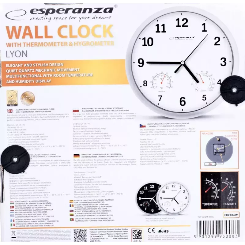 Esperanza Lyon EHC016K kwarts wandklok, rond, zwart