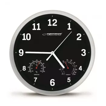 Wandklok ESPERANZA EHC016K Lyon zwart, 25 cm diameter, stil uurwerk, glazen deksel, kunststof frame