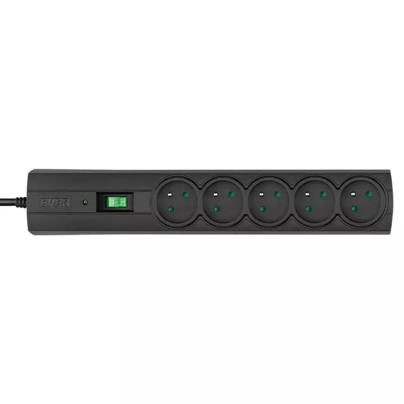 Verlengsnoer EVER Classic 5 m — 5 randaarde stopcontacten, 230 V, 10 A, overspanningsbeveiliging, zwart