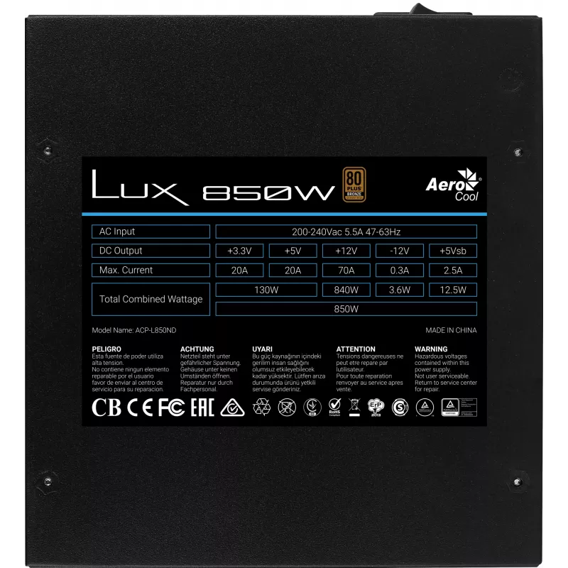 Aerocool LUX850 pc-voeding 850W 80 Plus Bronze 230V 88% efficiëntie zwart