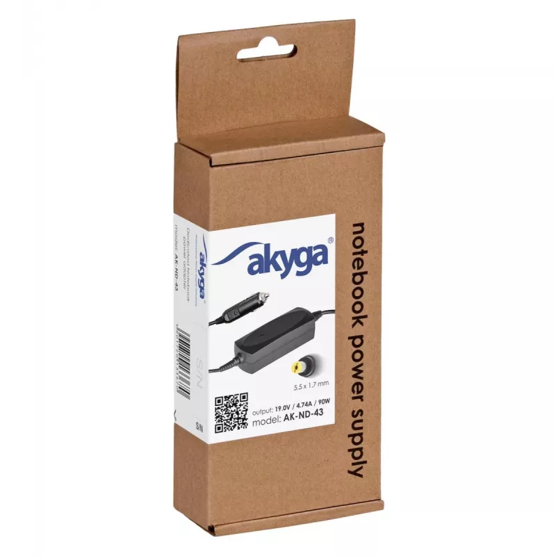 Akyga AK-ND-43 auto-notebookvoeding voor Acer, 90 W, 19 V / 4,74 A, 5,5 x 1,7 mm, 12 V ingang