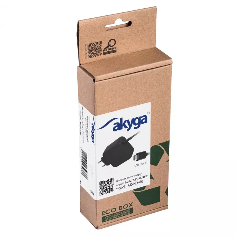 Akyga AK-ND-60 USB-C-notebookvoeding 45 W, Power Delivery, 5–20 V, 1,2 m