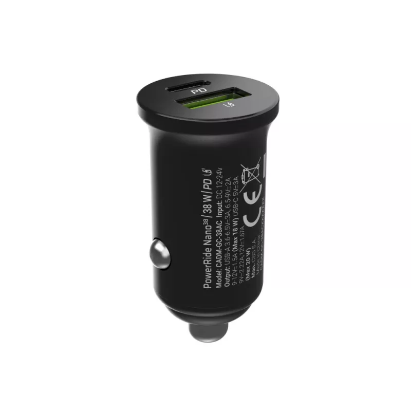 Auto-oplader Green Cell CADM-GC-38AC 38W, 1x USB-C (PD 3.0) + 1x USB-A, aluminium behuizing, zwart