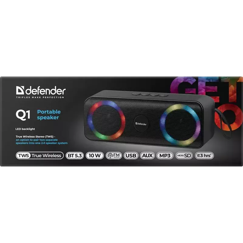 Draagbare Bluetooth-mono-luidspreker DEFENDER Q1 zwart, 10 W RMS, 1200 mAh, Bluetooth 5.0, MicroSD, FM, AUX, USB