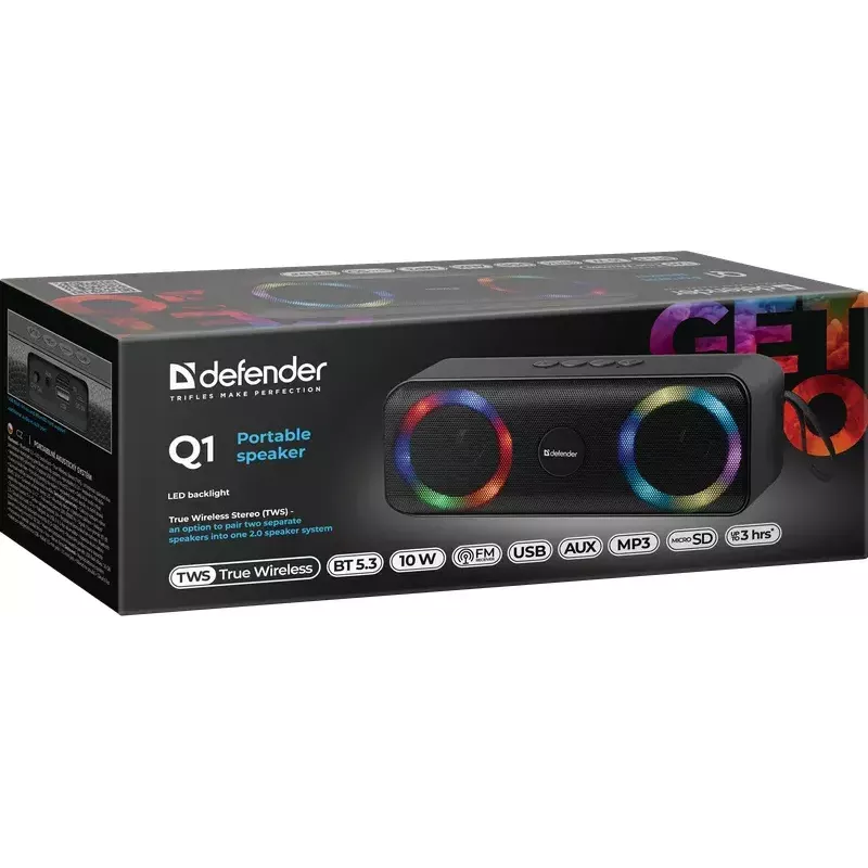 Draagbare Bluetooth-mono-luidspreker DEFENDER Q1 zwart, 10 W RMS, 1200 mAh, Bluetooth 5.0, MicroSD, FM, AUX, USB