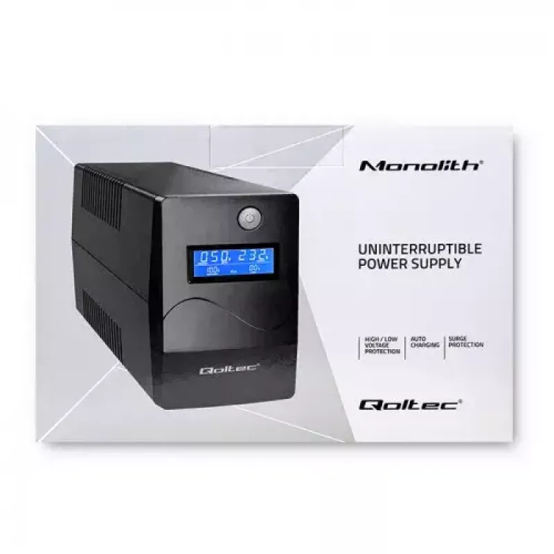 Qoltec Monolith 53979 UPS, line-interactive, 850 VA / 480 W, 2 Schuko-stopcontacten, LCD, USB, RJ45