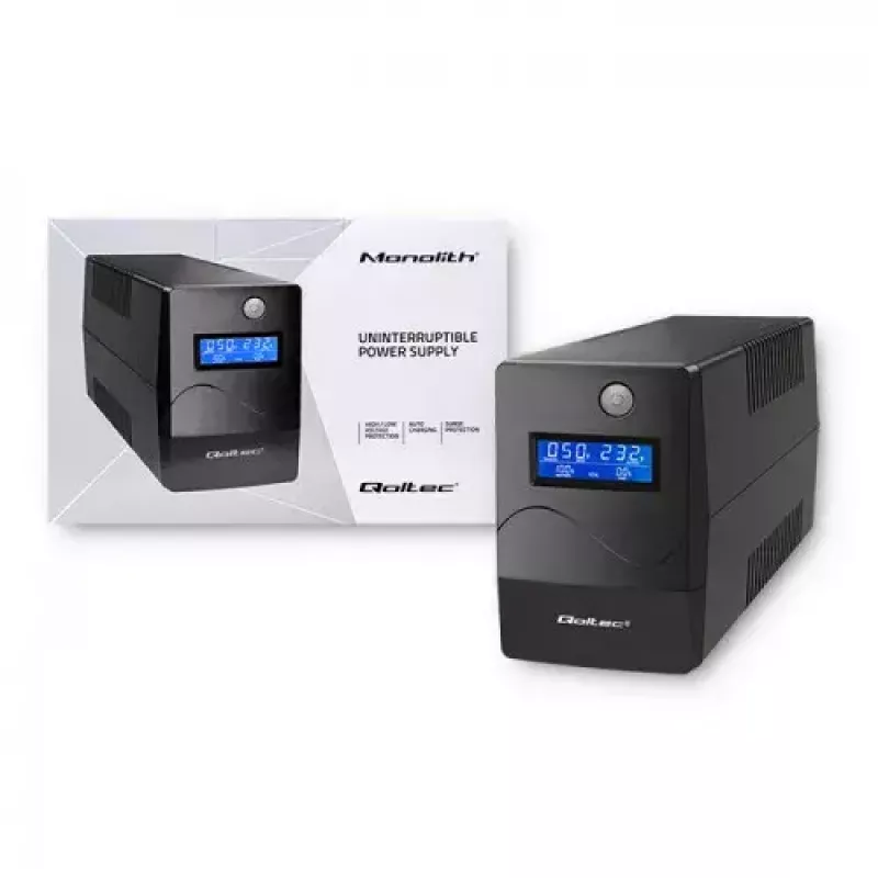 Qoltec Monolith 53979 UPS, line-interactive, 850 VA / 480 W, 2 Schuko-stopcontacten, LCD, USB, RJ45