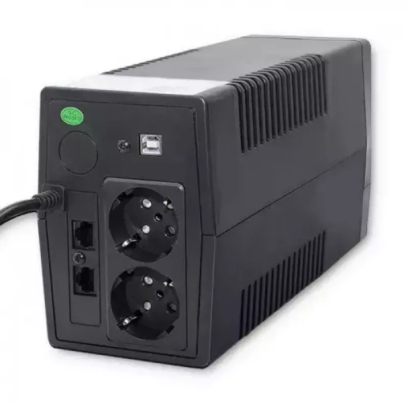 Qoltec Monolith 53979 UPS, line-interactive, 850 VA / 480 W, 2 Schuko-stopcontacten, LCD, USB, RJ45