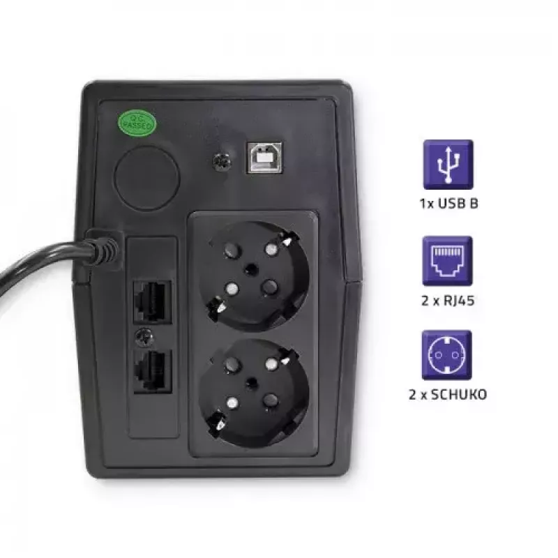 Qoltec Monolith 53979 UPS, line-interactive, 850 VA / 480 W, 2 Schuko-stopcontacten, LCD, USB, RJ45