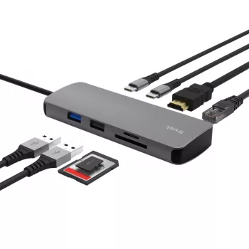 USB Type-C hub TRUST 25672 — HDMI, RJ-45, USB 3.2 Gen 1 Type-A/Type-C, SD/MicroSD, grijs