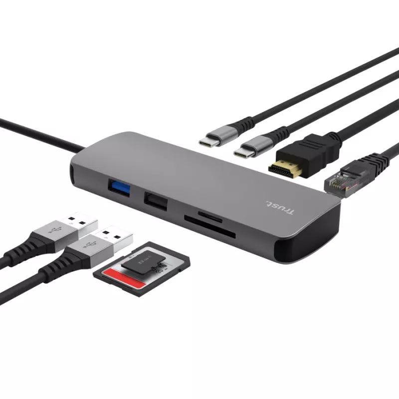 USB Type-C hub TRUST 25672 — HDMI, RJ-45, USB 3.2 Gen 1 Type-A/Type-C, SD/MicroSD, grijs