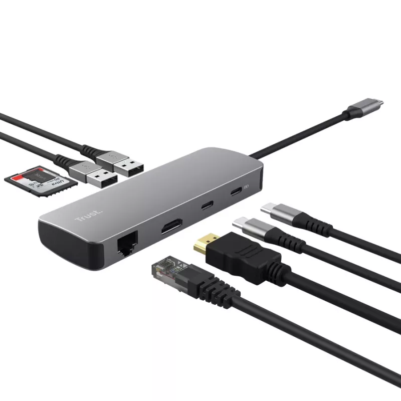USB Type-C hub TRUST 25672 — HDMI, RJ-45, USB 3.2 Gen 1 Type-A/Type-C, SD/MicroSD, grijs