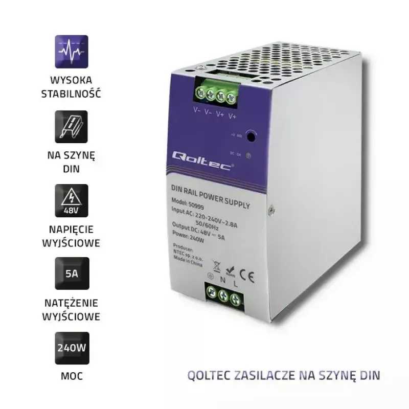 DIN-rail voeding QOLTEC 50999, 240W, 48V DC, 5A uitgang