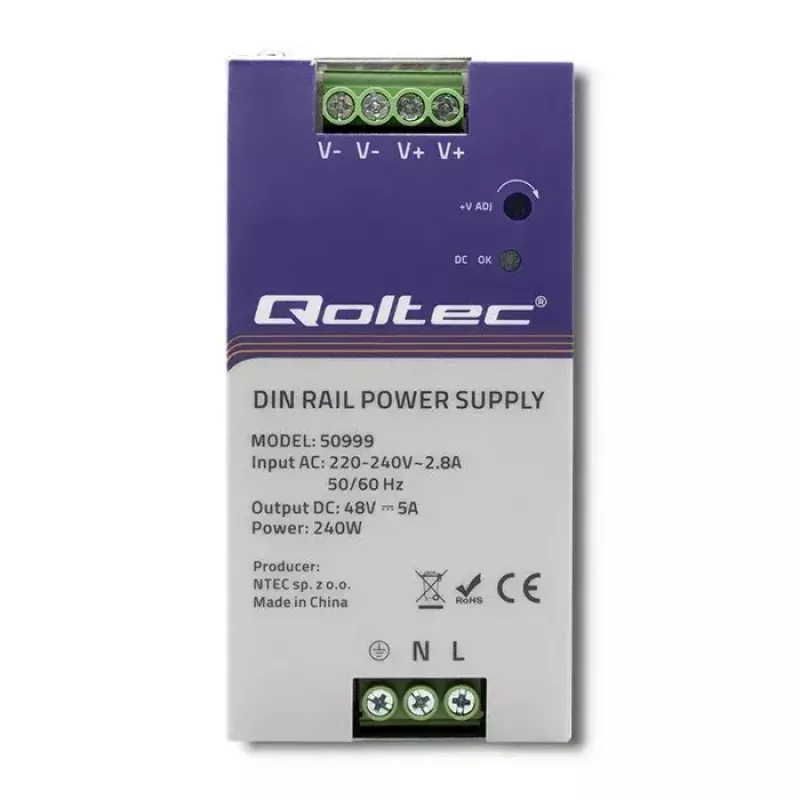 DIN-rail voeding QOLTEC 50999, 240W, 48V DC, 5A uitgang