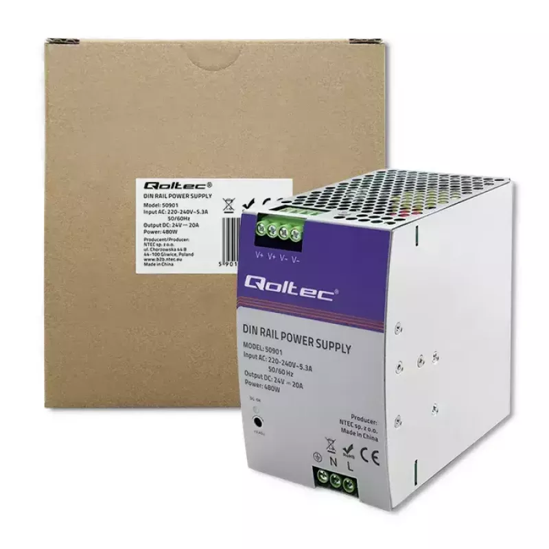 Industriële DIN-rail voeding QOLTEC 50901 — 480W, 24V DC, 20A