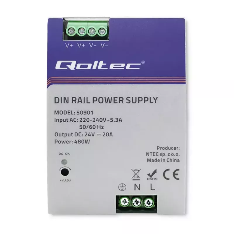 Industriële DIN-rail voeding QOLTEC 50901 — 480W, 24V DC, 20A