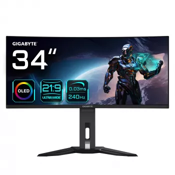 GIGABYTE MO34WQC2 34 inch OLED WQHD Curved Gaming Monitor - 3440 x 1440, 240Hz, 0,03ms, KVM, 250 cd/m², FreeSync Premium Pro, DisplayHDR True Black 400, HDMI 2.1, DisplayPort 1.4