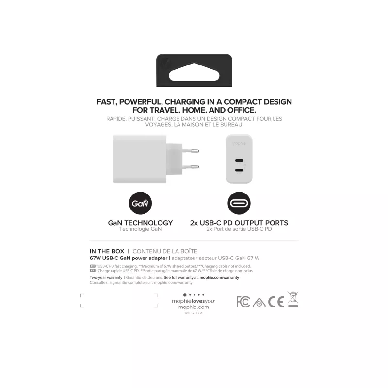 mophie accessoires-wandadapter-USB-C-PD-DUAL-67W-GAN-wit-EU (2xUSBC)