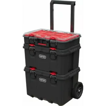 Stapelbare opbergboxen Keter 250927 — set van 3 stapelbare technopolymeer-organizers met wielen en slot, 525×694×411 mm, zwart