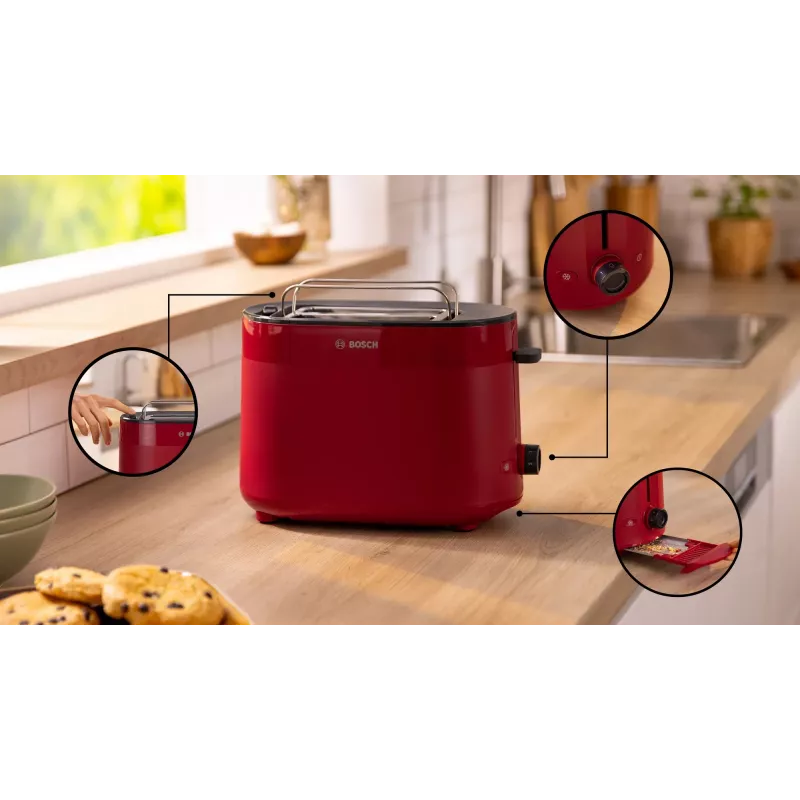 Broodrooster Bosch TAT2M124 — 2 sneetjes 950 W, rood, broodcentrering, ontdooien, lift