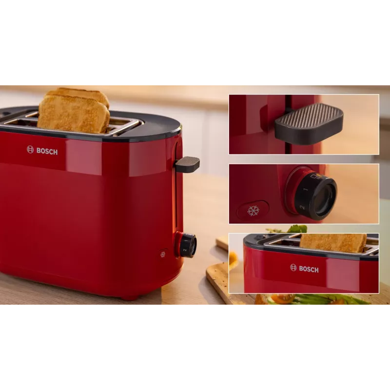Broodrooster Bosch TAT2M124 — 2 sneetjes 950 W, rood, broodcentrering, ontdooien, lift