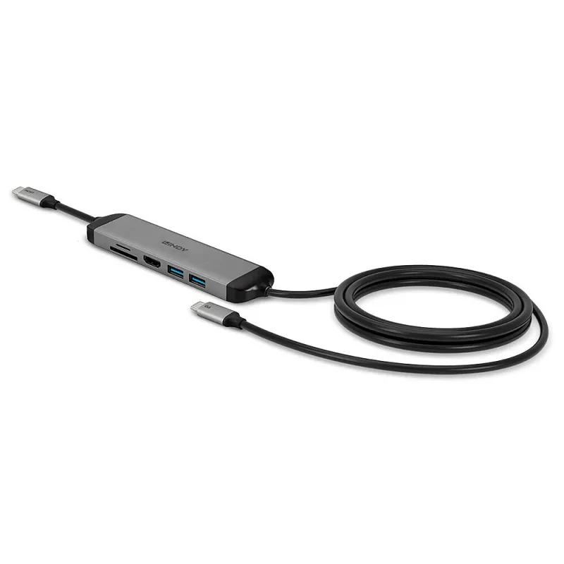 Lindy DST-Micro 140, USB-C laptop micro-dockingstation met 4K-ondersteuning en 1,4 m 60W-laadkabel