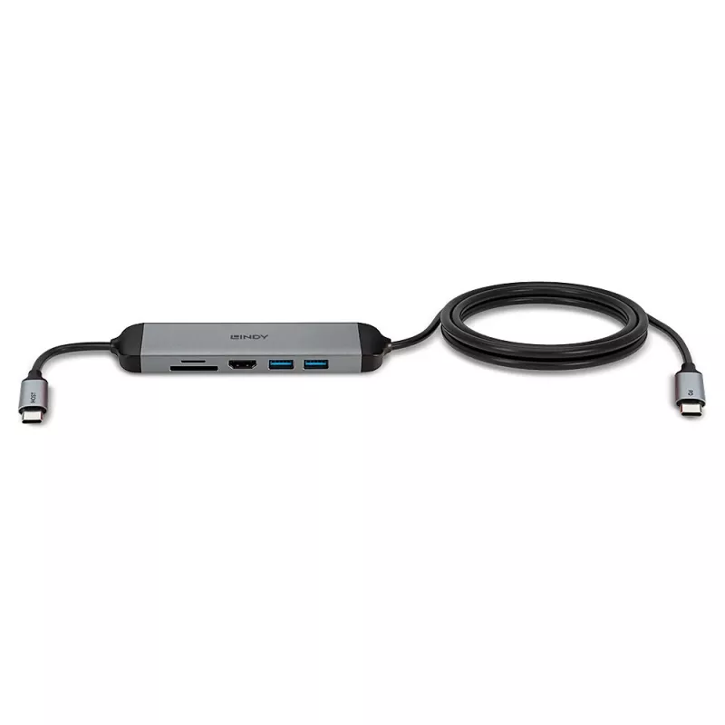 Lindy DST-Micro 140, USB-C laptop micro-dockingstation met 4K-ondersteuning en 1,4 m 60W-laadkabel