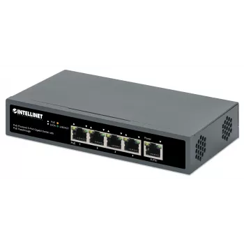 Intellinet 5-poorts gigabit-switch met PoE-passthrough, één IEEE 802.3bt (PoE++ / 4PPoE) PD PoE-poort met 95 W opgenomen vermogen, vier PSE PoE-poorten, PoE-vermogensbudget tot 65 W, IEEE 802.3at/af-conforme uitgang, desktop, optie voor wandmontage