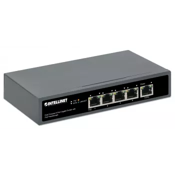 Intellinet 5-poorts gigabit-switch met PoE-passthrough, één IEEE 802.3bt (PoE++ / 4PPoE) PD PoE-poort met 95 W opgenomen vermogen, vier PSE PoE-poorten, PoE-vermogensbudget tot 65 W, IEEE 802.3at/af-conforme uitgang, desktop, optie voor wandmontage