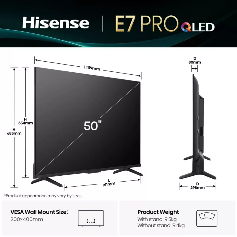 Hisense E7Q PRO 50E7Q PRO 127 cm (50 inch) 4K Ultra HD Smart TV Wi-Fi zwart