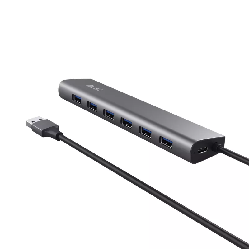Trust Halyx 24967 USB-hub met 7 poorten, USB 3.2 Gen 1, Type-A, 5000 Mbit/s, zilver