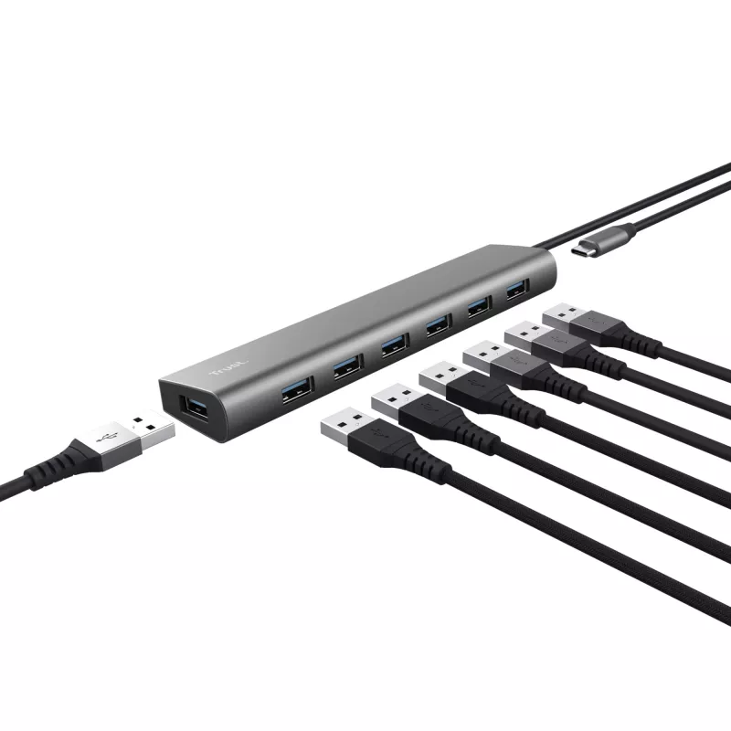 Trust Halyx 24967 USB-hub met 7 poorten, USB 3.2 Gen 1, Type-A, 5000 Mbit/s, zilver