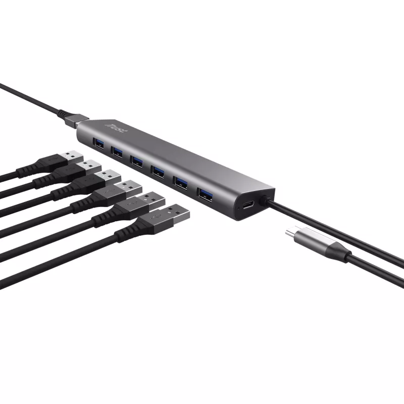 Trust Halyx 24967 USB-hub met 7 poorten, USB 3.2 Gen 1, Type-A, 5000 Mbit/s, zilver