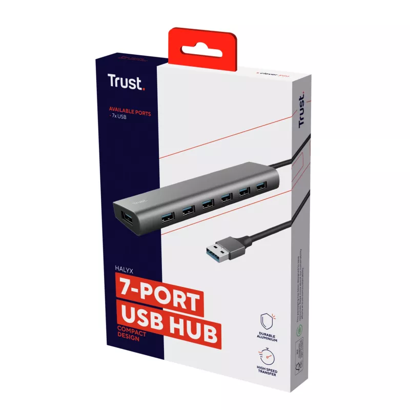 Trust Halyx 24967 USB-hub met 7 poorten, USB 3.2 Gen 1, Type-A, 5000 Mbit/s, zilver