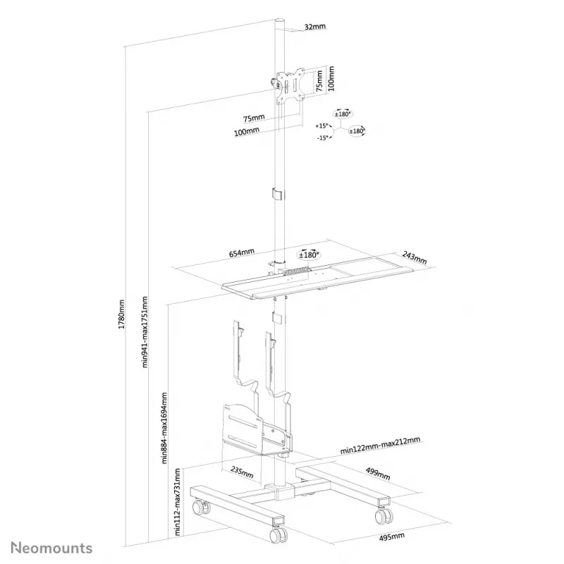Neomounts FPMA-MOBILE1700 mobiel werkstation, 10-32 inch (25,4-81,3 cm), max. 8 kg, VESA 75x75-100x100, hoogte 94-175 cm, staal, zwart