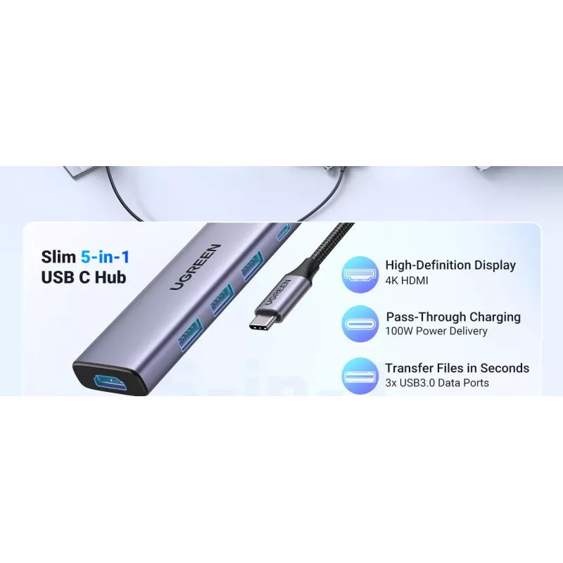 UGREEN Revodok CM511 5-in-1 USB-C-hub (15596), 3x USB-A, 4K HDMI, USB-C PD 100 W, grijs