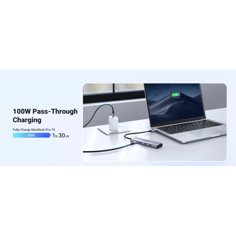 UGREEN Revodok CM511 5-in-1 USB-C-hub (15596), 3x USB-A, 4K HDMI, USB-C PD 100 W, grijs